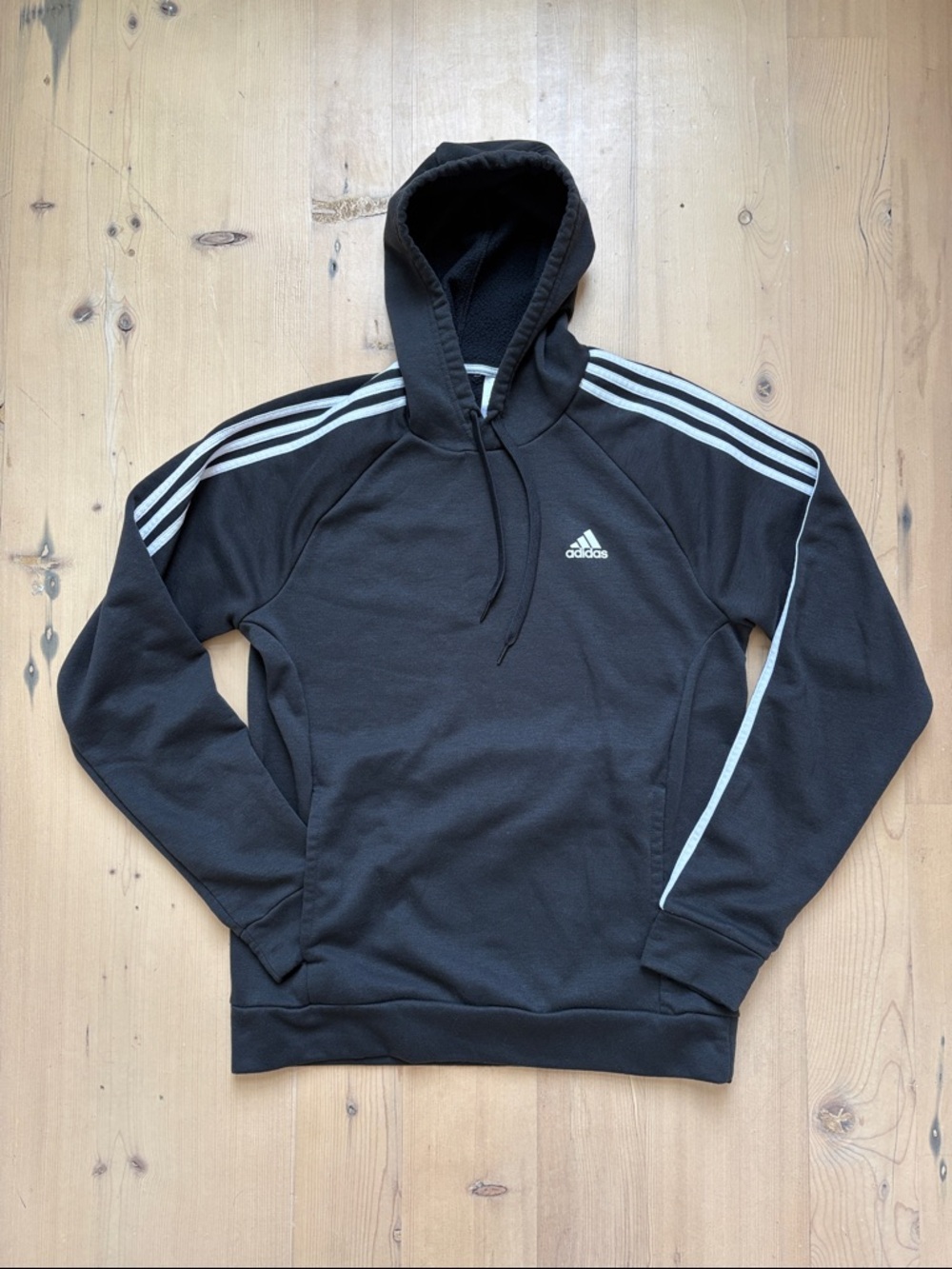 adidas Men’s Black Drawstring Hoodie with White Three-Stripe Detailing - Size M